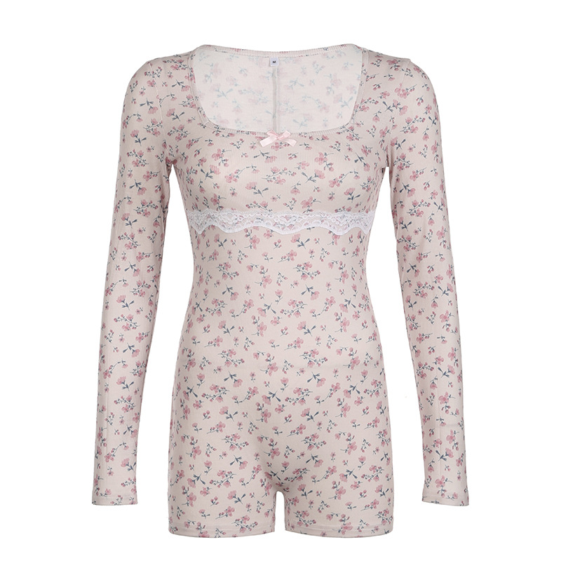 Square Collar Lace Long Sleeve Floral Print Jumpsuit - Casual Slim Fit Bodycon Shorts for Early Autumn European Style