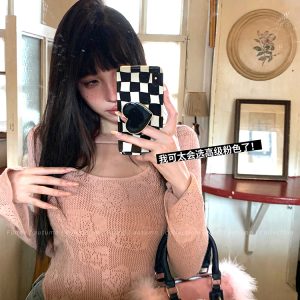 Square Design Slim Fit Knitted Top for Women, Waist-Defining Layering Shirt, Autumn Fashion Essential