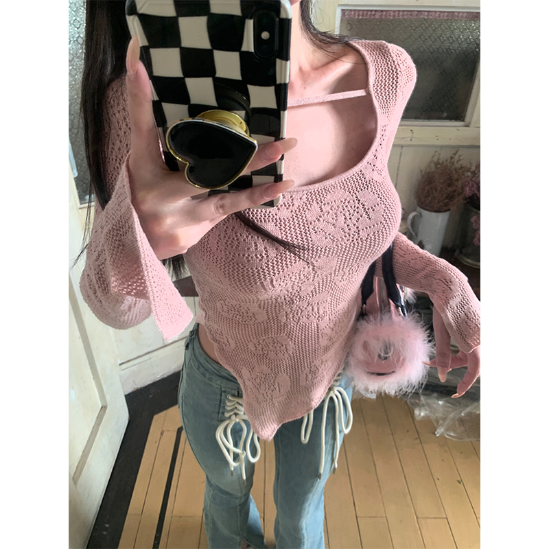 Square Design Slim Fit Knitted Top for Women, Waist-Defining Layering Shirt, Autumn Fashion Essential