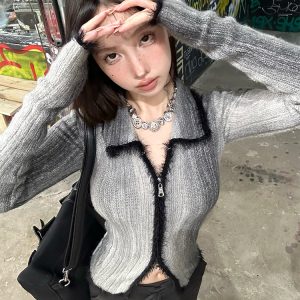 Square Gradient Color Block Cardigan Sweater - Retro Knitted Top for a Casual Layered Look, Perfect for 90s and Y2K Styles