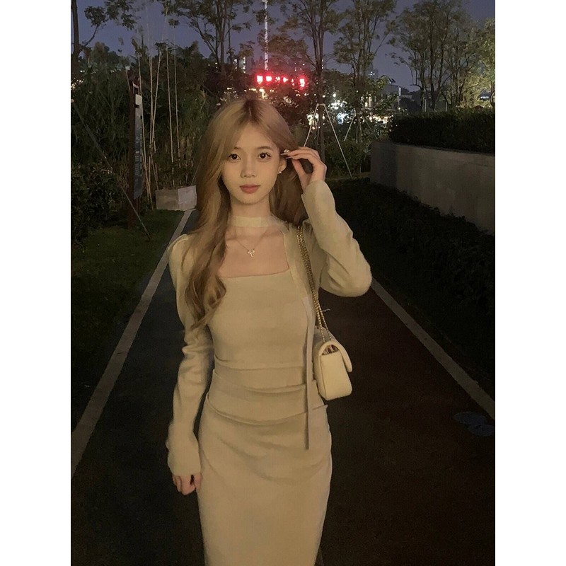 Square-Neck Long Sleeve Dress for Women - French Style, Waist-Cinching, Elegant Mid-Length Layering Dress for Early Spring