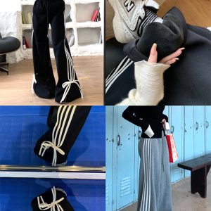 Square Style Sweetheart High Waist Loose Wide Leg Fleece Casual Sports Pants for Women - Floor-Length Straight Leg Sweatpants