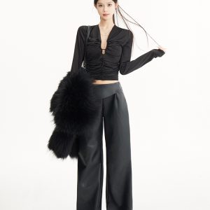 Straight Leg Slim Black Leather Pants - Loose Fit Casual Wide Leg Trousers for Autumn Winter - Y2K Fashion Essential