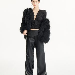 Straight Leg Slim Black Leather Pants - Loose Fit Casual Wide Leg Trousers for Autumn Winter - Y2K Fashion Essential