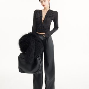 Straight Leg Slim Black Leather Pants - Loose Fit Casual Wide Leg Trousers for Autumn Winter - Y2K Fashion Essential