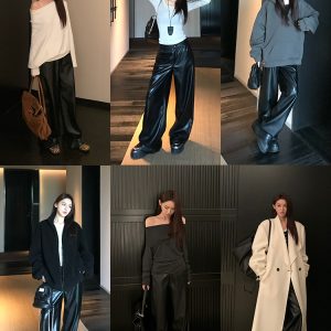 Straight Slim Black PU Leather Pants - Loose Fit Wide Leg Casual Trousers for Spring - 90s Inspired Street Style
