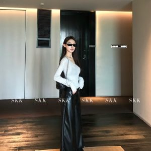 Straight Slim Black PU Leather Pants - Loose Fit Wide Leg Casual Trousers for Spring - 90s Inspired Street Style