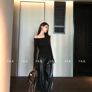 Straight Slim Black PU Leather Pants - Loose Fit Wide Leg Casual Trousers for Spring - 90s Inspired Street Style