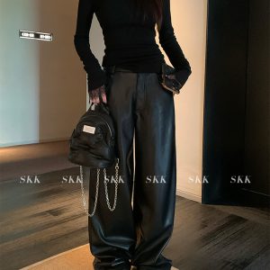 Straight Slim Black PU Leather Pants - Loose Fit Wide Leg Casual Trousers for Spring - 90s Inspired Street Style