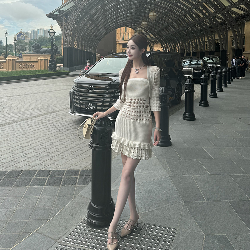 Strapless Pure Cotton Knitted Dress and Cardigan Set - Women's Niche Design, Vintage Style, Elegant Pearl Detail