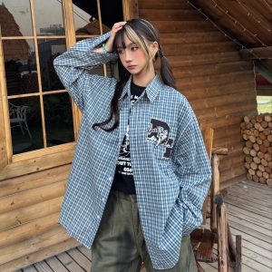 Striped Checkered Long Sleeve Shirt with Letter Embroidery - Unisex Loose Fit Spring Summer Jacket