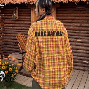 Striped Checkered Long Sleeve Shirt with Letter Embroidery - Unisex Loose Fit Spring Summer Jacket