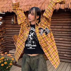 Striped Checkered Long Sleeve Shirt with Letter Embroidery - Unisex Loose Fit Spring Summer Jacket