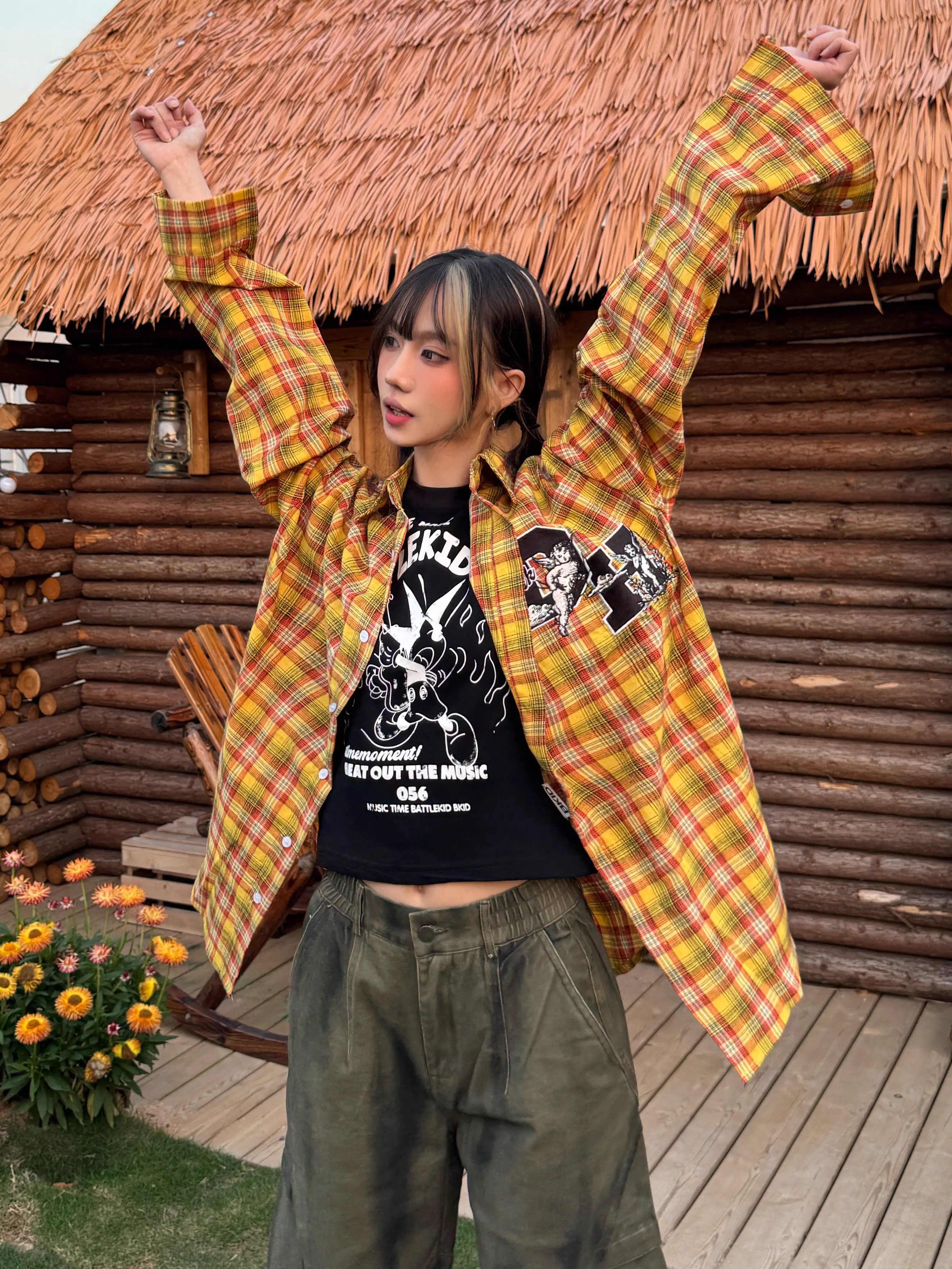 Striped Checkered Long Sleeve Shirt with Letter Embroidery - Unisex Loose Fit Spring Summer Jacket