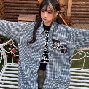 Striped Checkered Long Sleeve Shirt with Letter Embroidery - Unisex Loose Fit Spring Summer Jacket