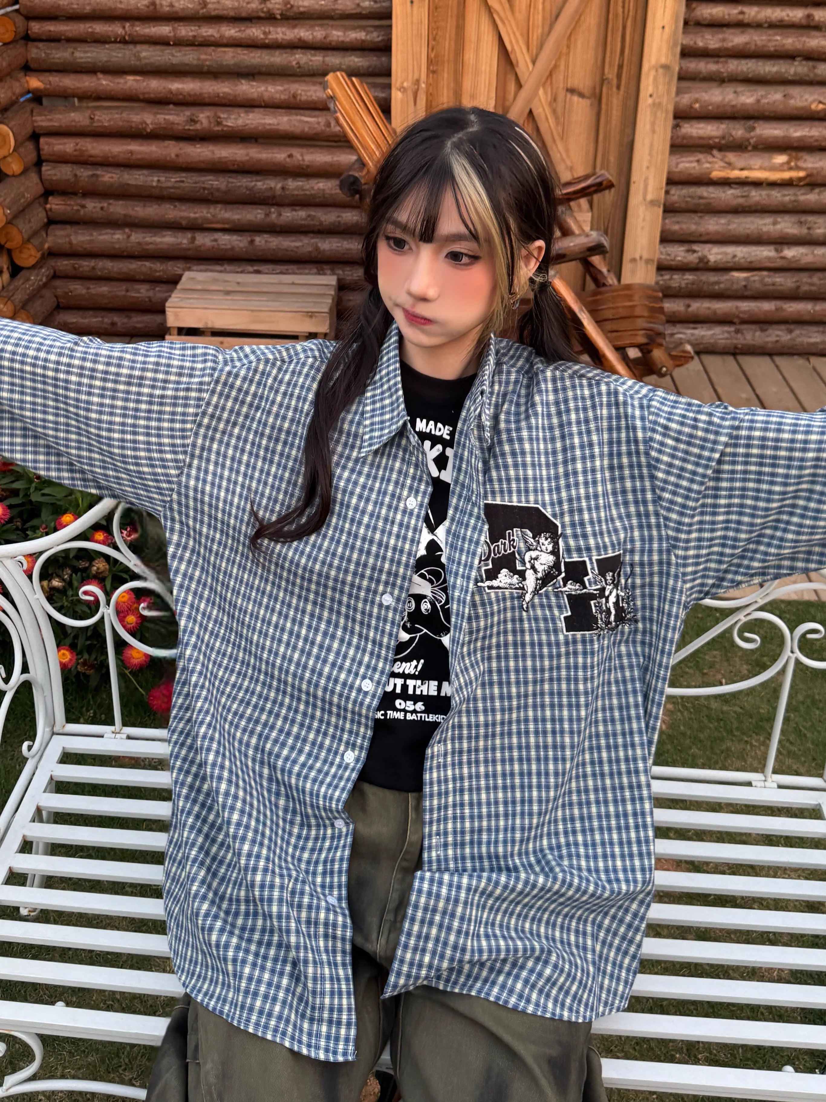 Striped Checkered Long Sleeve Shirt with Letter Embroidery - Unisex Loose Fit Spring Summer Jacket