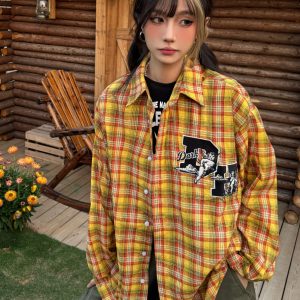 Striped Checkered Long Sleeve Shirt with Letter Embroidery - Unisex Loose Fit Spring Summer Jacket