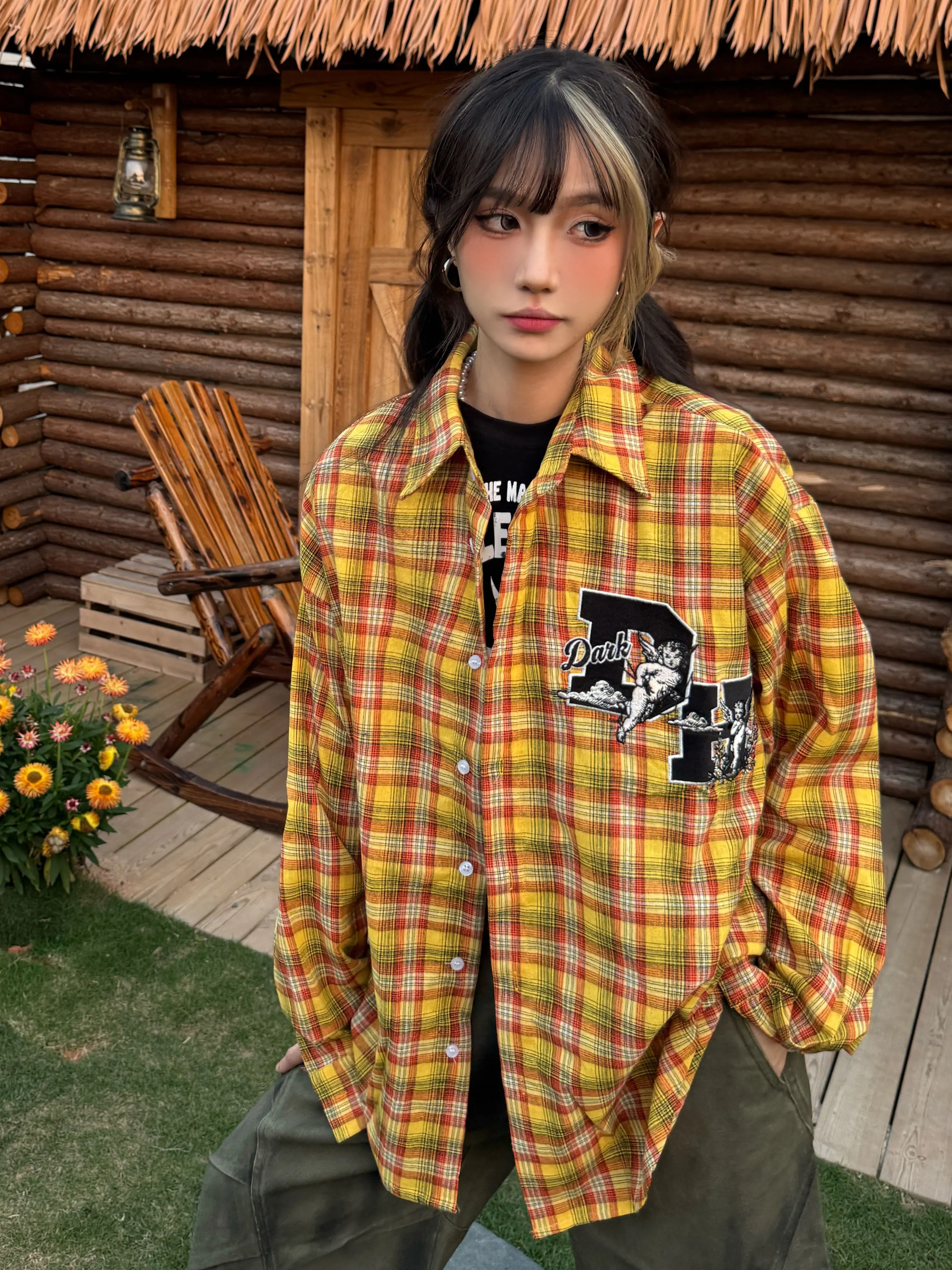 Striped Checkered Long Sleeve Shirt with Letter Embroidery - Unisex Loose Fit Spring Summer Jacket