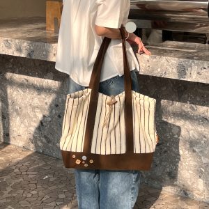 Striped Knitted Large Capacity Tote Bag for Commuting - Southern France Wheat Wave Design - Stylish Shoulder Bag