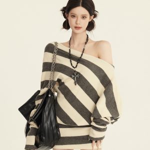 Striped Knitted Off-Shoulder Bodycon Dress - Irregular Two-Way Wear Long Sleeve for Autumn Winter - Y2K Style Fashion