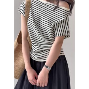 Striped Off-Shoulder Short Sleeve T-Shirt for Women - Slim Fit, Waist-Cinching, Flattering American Style Top for Summer 2025