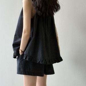 Striped Vest Doll Shirt and Wide-Leg Pants Set for Women - 2025 Summer Fashion, Loose Fit Two-Piece Outfit