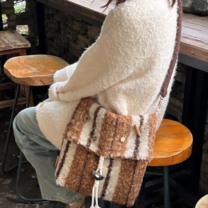 Striped Woolen Shoulder Crossbody Bag - Lazy Versatile Large Capacity Messenger Bag for Everyday Style