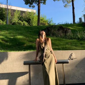 Structuralism Tie Strap Long Dress for Women - Simple Linen One-Piece in Pillow Mountain Valley Style, Perfect for 90s and Y2K Fashion