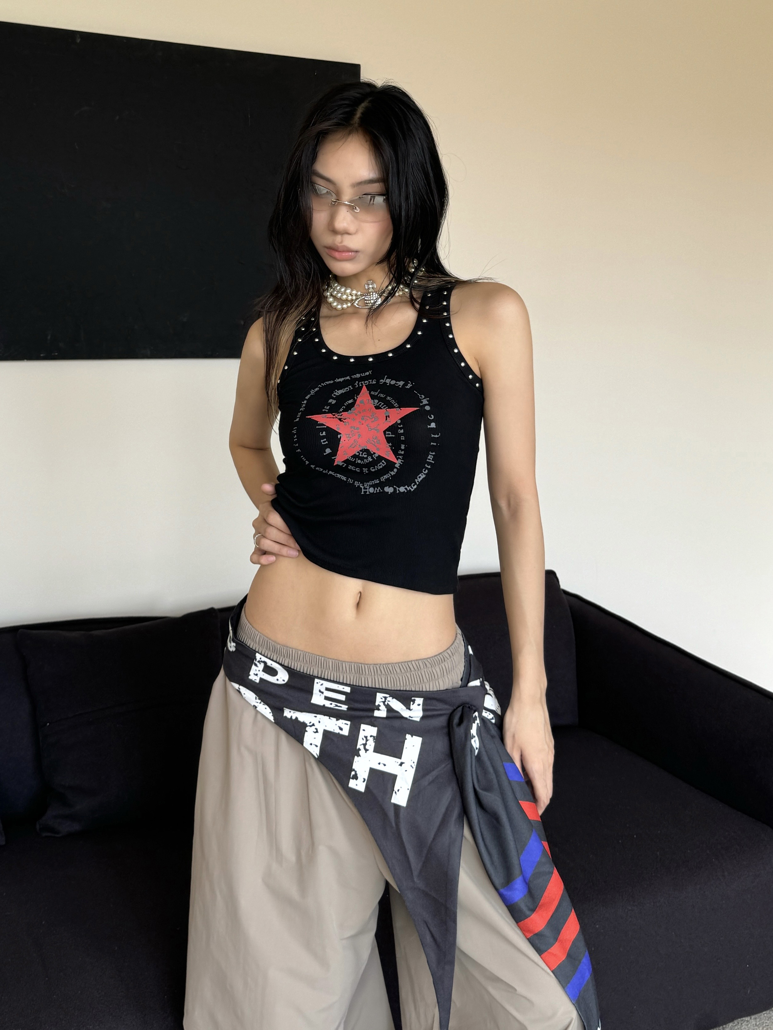 Studded Star Letter Print Crop Tank Top - Slim Fit American Style Summer Essential