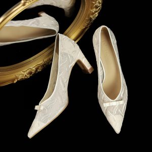 Stunning Chunky Heel Wedding Shoes with French Embroidery, Comfortable All-Day Wear for Brides, Elegant High-End Style