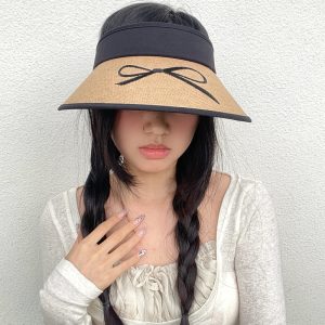 Stylish Black Straw Sun Hat with Bow Design and UV Protection, Open Top Face Shading for Summer, Beach, and Outdoor Activities