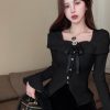 Stylish French Bow Tie Long Sleeve Knitted Top for Women - Unique Slim Fit Blouse for Autumn and Winter Fashion