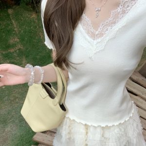 Stylish Spliced Lace Trim Fitted Short Sleeve T-Shirt - Unique Design for 2025, Perfect for 90s and Y2K Inspired Looks