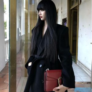 Stylish Women's Long Woolen Coat - French Black Winter Outerwear with Tall Waist Design for Chic, Timeless Elegance