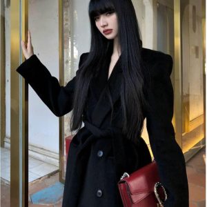 Stylish Women's Long Woolen Coat - French Black Winter Outerwear with Tall Waist Design for Chic, Timeless Elegance