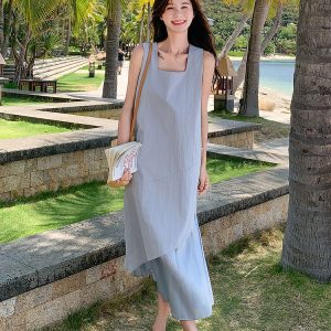 Summer 2025 Korean-Style Sleeveless Spliced Tank Dress for Women - Elegant French-Inspired Long Dress