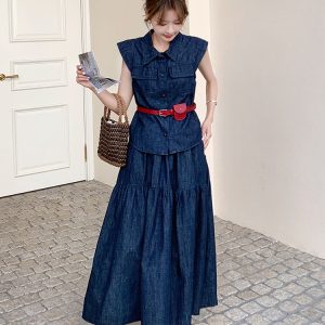 Summer 2025 Retro Denim Two-Piece Skirt Set for Women with Slimming Design and Small Flying Sleeves - Hong Kong Style
