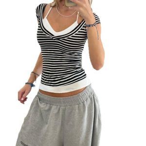 Summer 2025 Women's Casual Halter Striped Color-Blocking V-Neck T-Shirt - Versatile Basic Fake Two-Piece Short Sleeve Top