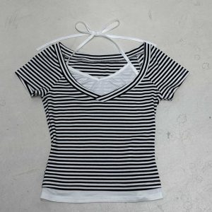 Summer 2025 Women's Casual Halter Striped Color-Blocking V-Neck T-Shirt - Versatile Basic Fake Two-Piece Short Sleeve Top