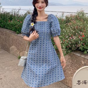 Summer 2025 Women's Square Collar Plaid Embroidered A-Line Dress with Puff Sleeves - High-End Mid-Length Tea Dress