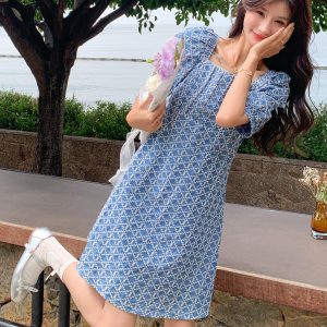 Summer 2025 Women's Square Collar Plaid Embroidered A-Line Dress with Puff Sleeves - High-End Mid-Length Tea Dress
