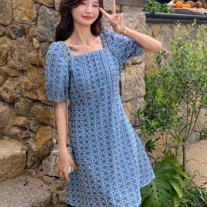 Summer 2025 Women's Square Collar Plaid Embroidered A-Line Dress with Puff Sleeves - High-End Mid-Length Tea Dress