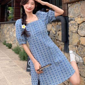 Summer 2025 Women's Square Collar Plaid Embroidered A-Line Dress with Puff Sleeves - High-End Mid-Length Tea Dress