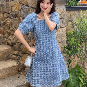 Summer 2025 Women's Square Collar Plaid Embroidered A-Line Dress with Puff Sleeves - High-End Mid-Length Tea Dress