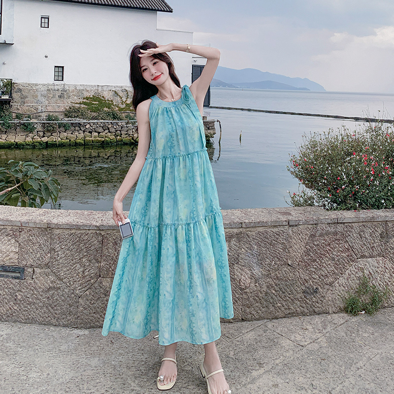 Summer 2025 Women's Tie-Dye Bow Neck Dress - Long French-Style Beach Vacation Skirt