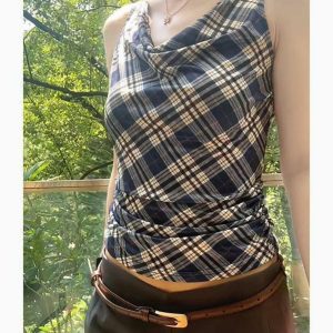 Summer American Retro Plaid Camisole for Women - Sweet & Spicy Waist-Cinching Slim-Fit Short Top in 90s Style