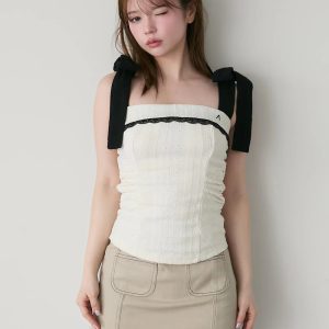 Summer and Mary Japanese Lace Trim Bow Tie Strap Camisole Top - Niche Design for Stylish Summer Looks