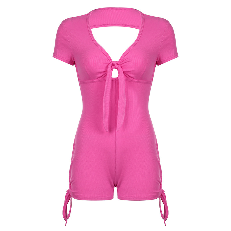 Summer Backless Drawstring Sports Romper with Ruffles – Sexy European American Style Jumpsuit for 2025 Fashion Trends