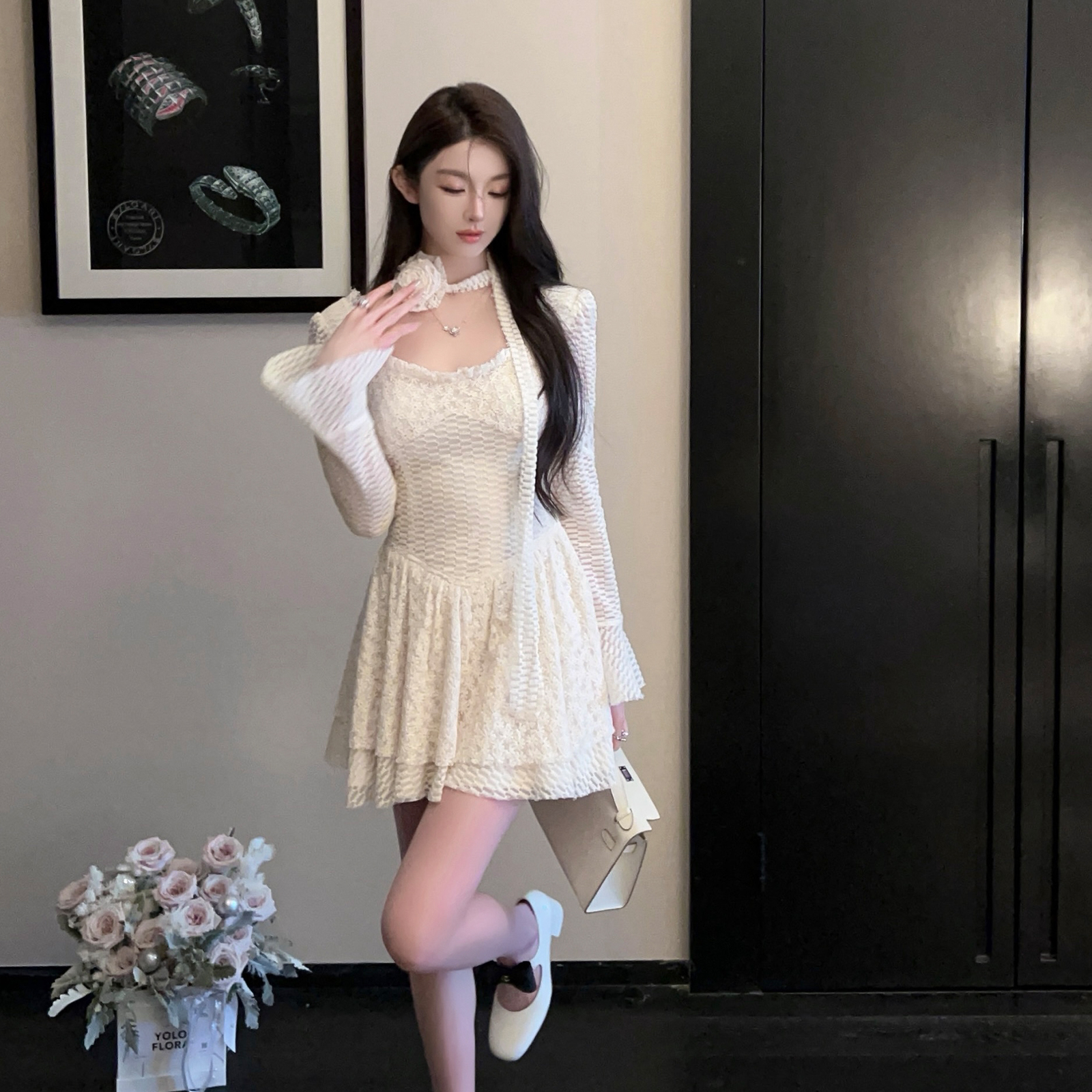 Summer Bell Sleeve White Dress - Slim Fit Halter Design with Flowing Ribbons - Perfect for Y2K and Fairycore Aesthetic