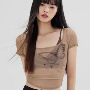 Summer Butterfly Print Mesh Camisole and Short-Sleeve T-Shirt Women's Two-Piece Set - Trendy Niche Style for Y2K Fashion